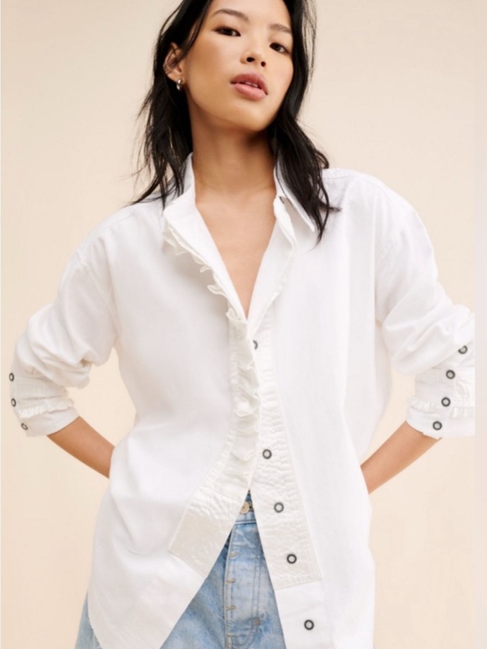 We The Free White Ruffle-Satin Trim Button-Down Shirt